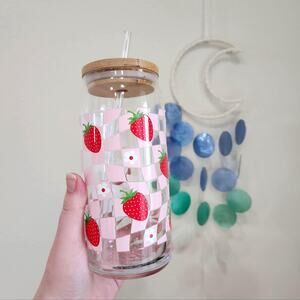 Groovy Strawberry Can Glass Cup Checkerboard Whimsical Berry Iced Coffee Tumbler